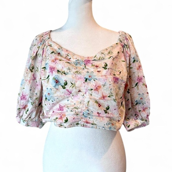 Abercrombie & Fitch Pink Floral Puff Sleeve Crop Top Size Large - Picture 1 of 6